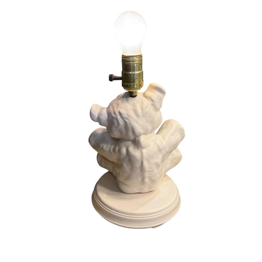 Vintage Ceramic Teddy Bear Table Lamp in White with Pink Paws Plastic Shade - Picture 3 of 8